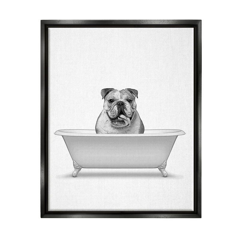 «Bulldog In Tub Bathroom Animal» par Annalisa Latella, impression, H 31 po x l 25 po x P 1,7 po, Cadre flottant noir de jais