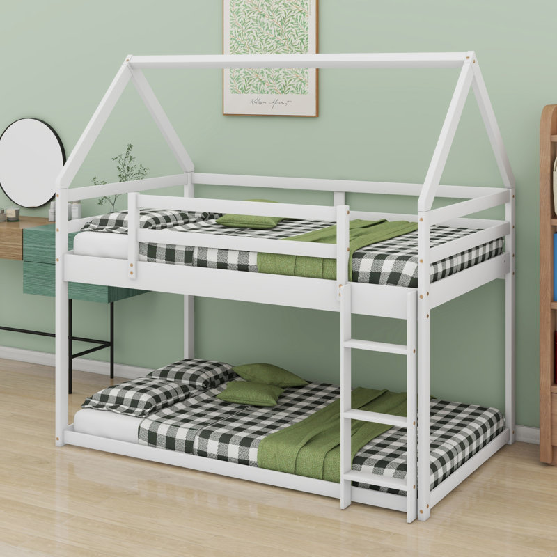 Low Bunk Bed,House Bed With Ladder, White