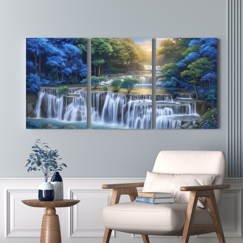 Ensemble de 3 tableaux sur toile représentant un paysage de forêt et de cascade, 1218