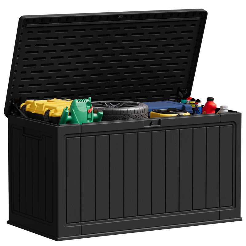 150 Gallon Lockable Resin Deck Box With Divider & Lockable Lid, Black