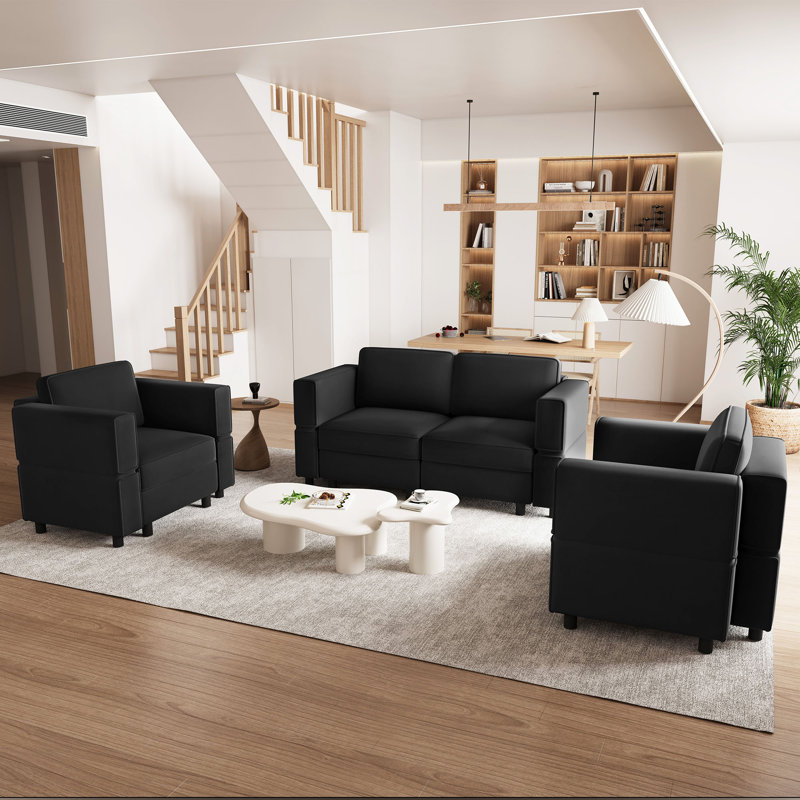 Elda Upholstered Storage Modular Sectional Sofa Sets Living Room Set, Black Velvet