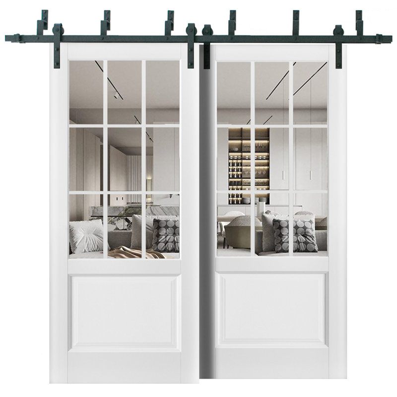 Portes coulissantes de style grange Felicia 3599 Blanc Soie avec verre clair, rails robustes de 2 m, quincaillerie incluse, portes d'armoire en bois massif pour chambre à coucher - 122 x 203 cm (2 x 61 x 203 cm) - Verre clair
