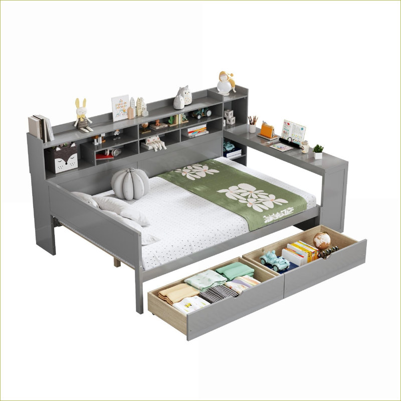 Lit de jour double en bois pleine grandeur avec rangement à tiroirs, capacité de 550 lb, gris pour chambre d'amis de petite chambre
