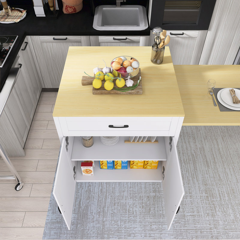 Îlot de cuisine 82,7 po avec table de salle à manger extensible avec support à épices et prise de courant, Blanc