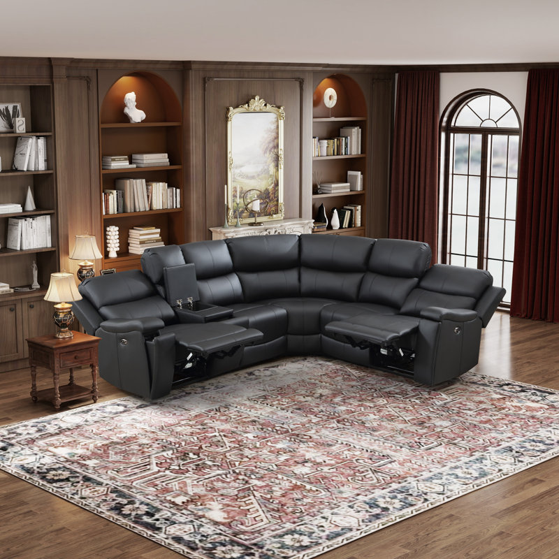 Wayland 96" Wide Vegan Leather Power Reclining Sectional with Storage & Cup Holder, Midnight Faux Leather