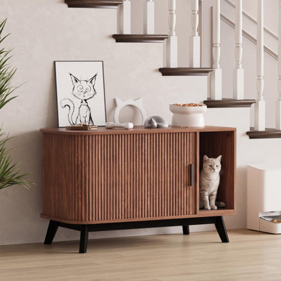 Meuble pour litière pour chat 39 po avec porte coulissante et tapis, table d'appoint moderne en noyer, maisonnette et abri de salon en noyer