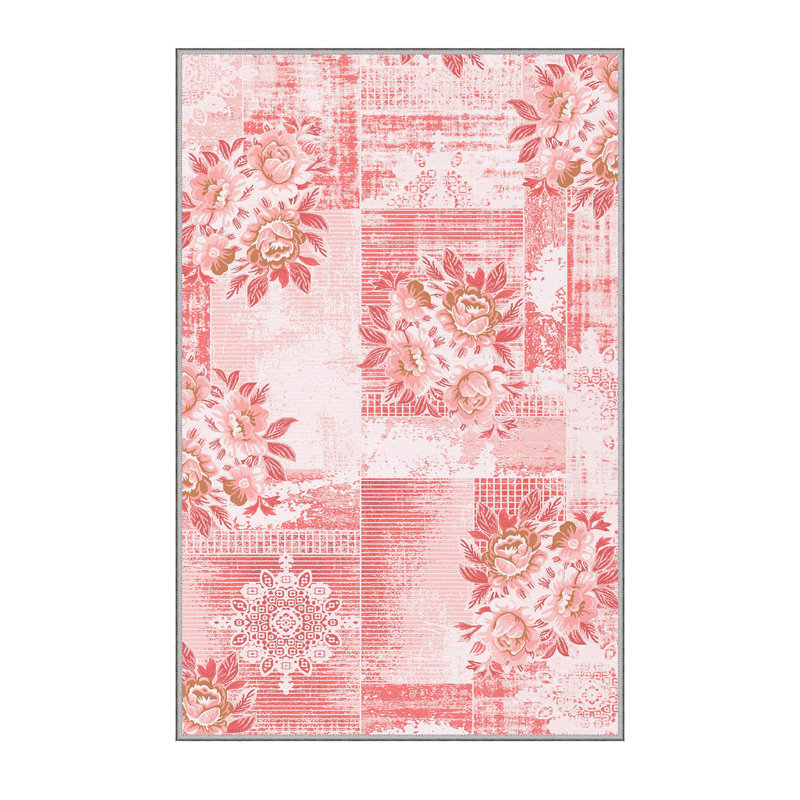Tapis rose en polyester fabriqué à la machine à motif floral Bossic, Rectangle 3 pi 11 po x 5 pi 11 po