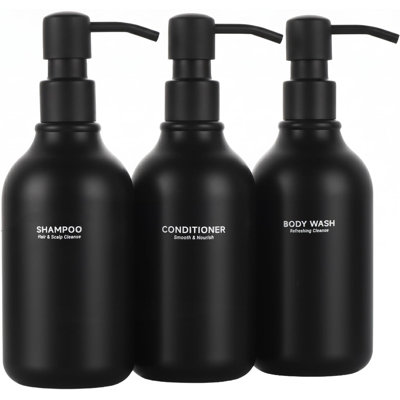Shampoo and Conditioner Dispenser - Shower Soap Dispenser 3 Chamber No Drill - Bathroom Soap Dispenser Wall Mount Adhesive - Black PET Bottles with Black Stainless Steel Pumps Set Refillable 1500ml