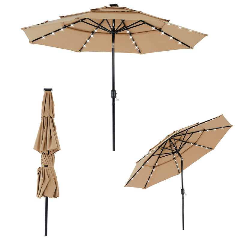 Parasol solaire de patio à 3 niveaux 10 pi avec 32 lumières DEL, parasol d'extérieur avec bouton poussoir inclinable et manivelle