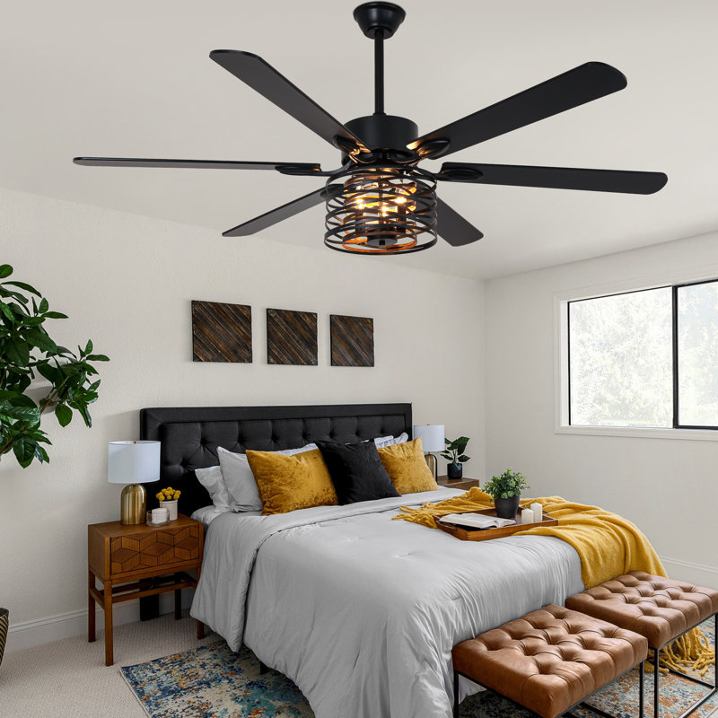 65 Inch Farmhouse Black Caged Ceiling Fan with Light, Rustic Reversible DC Motor Large Ceiling Fan For Living Room