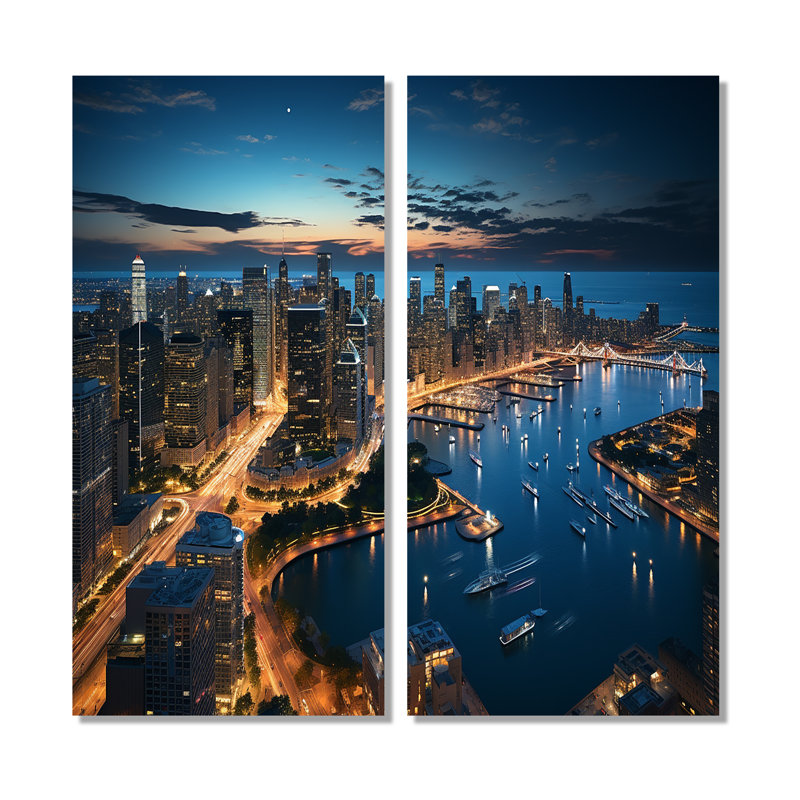 Chicago, beau paysage urbain I - ensemble d'art mural industriel de 2, H 40 po x l 40 po, Toile tendue, Ne s’applique pas