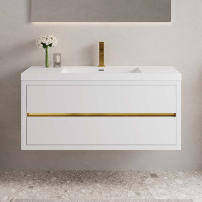 Meuble-lavabo mural 48 po avec lavabo, meuble de rangement flottant pour salle de bain avec comptoir en résine de pierre et tiroirs à fermeture en douceur