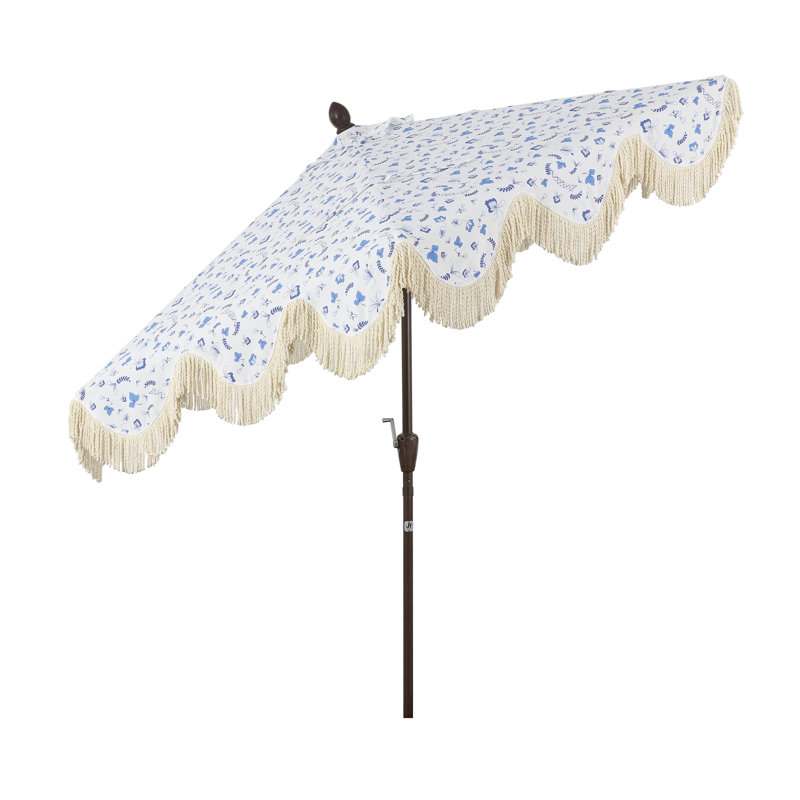 Parasol d'extérieur à frange bohémienne de 9 pi avec manivelle et inclinaison Collins, auvent bleu / blanc / crème résistant aux rayons UV, mât brun foncé