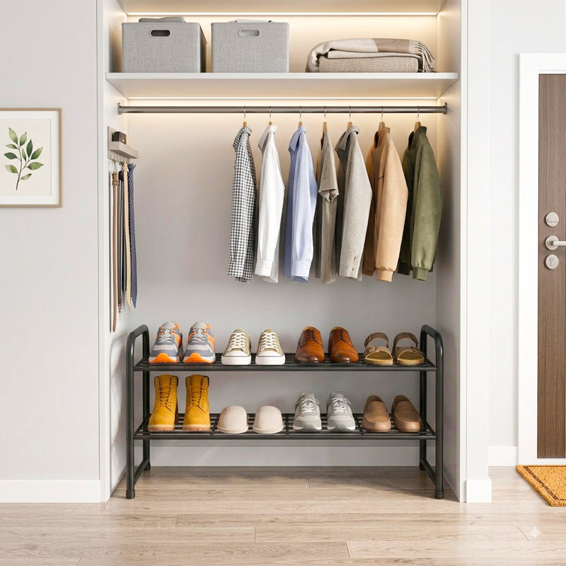 Étagère à chaussures 32 po à 2 niveaux pour garde-robe, étagère empilable et réglable, Noir