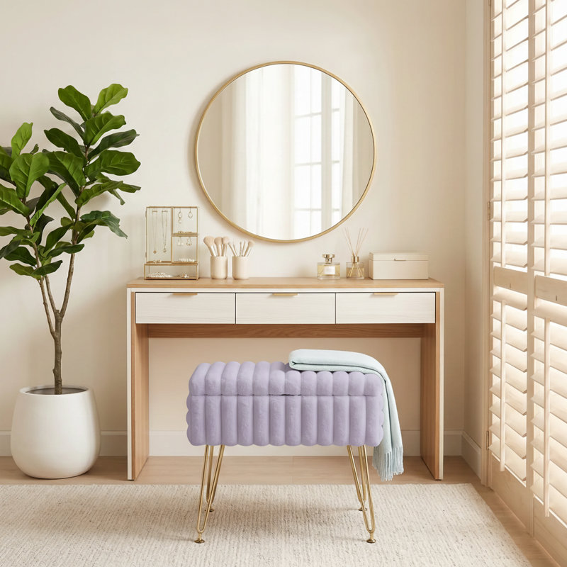 17.3" Faux Fur Vanity Stool with Storage, Metal Legs Dressing Bench for Bedroom, Purple