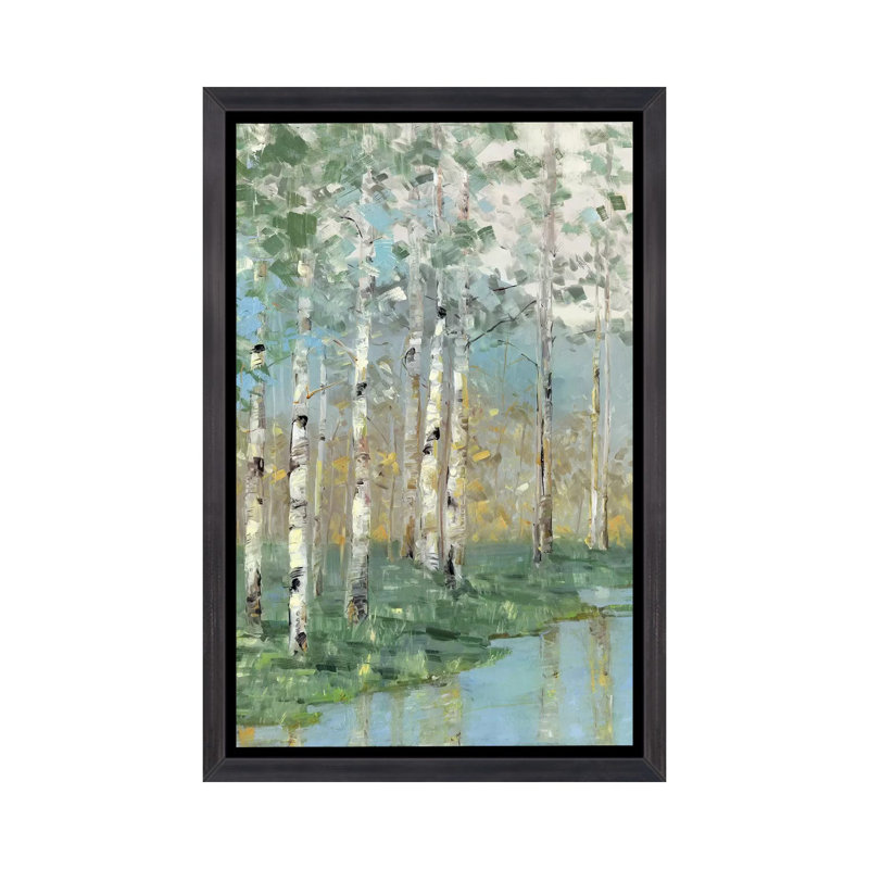 «Birch Reflections I» - Impression sur papier avec cadre flottant, H 26 po x l 18 po x 1,5 po, Toile avec cadre noir patiné