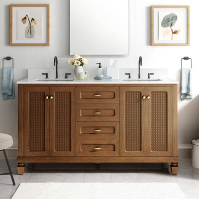 60" Free Standing Double Bathroom Vanity with Engineered Marble Top, Ceramic Sink, Backsplash