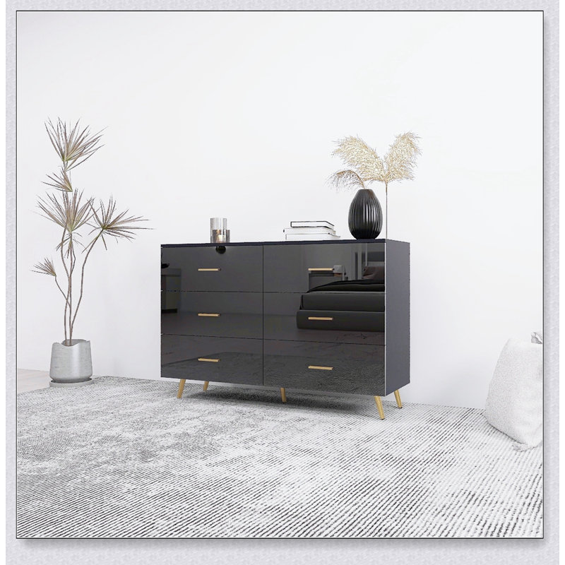 Commode 6 tiroirs ultrabrillante avec accents dorés pour un rangement et une organisation élégants, parfaite pour les chambres à coucher modernes