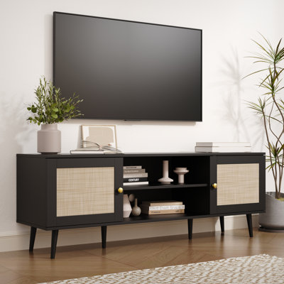 TV Stand For 55/65/70 Inch TV, Boho 59" Entertainment Center With Storage, Modern Mid Century Media Console With Rattan Doors And Adjustable Shelf, Wo by Dakota Fields