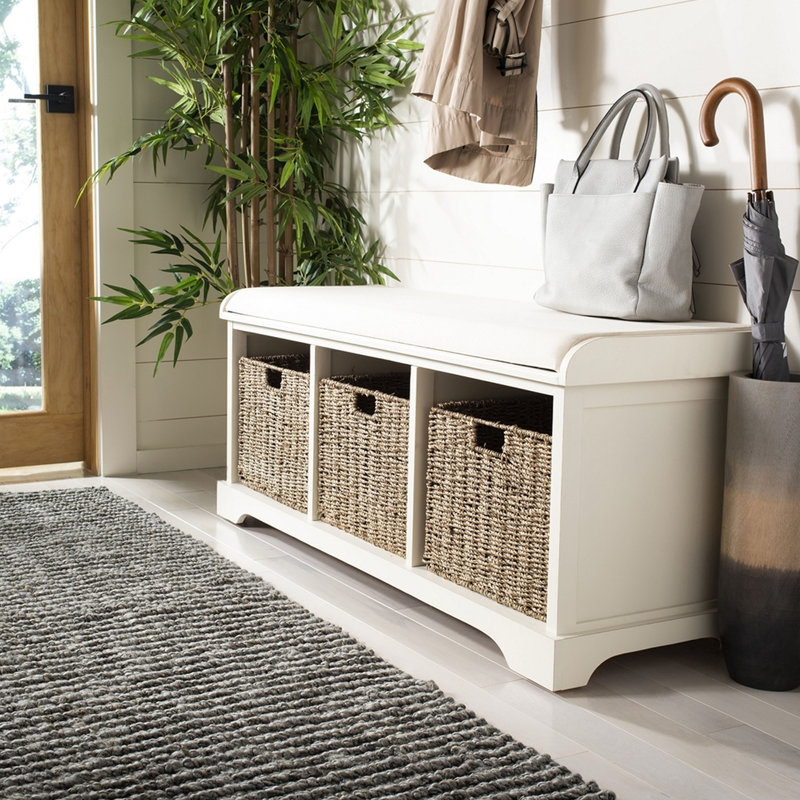 Aniella Faux Leather Upholstered Storage Bench, Pine Wood Woven 3 Baskets for Mudroom & Entryways, White