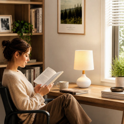  14" Modern White Ceramic Small Table Lamp with Pre-Assembled Shade for Living Room, Bedroom and Study