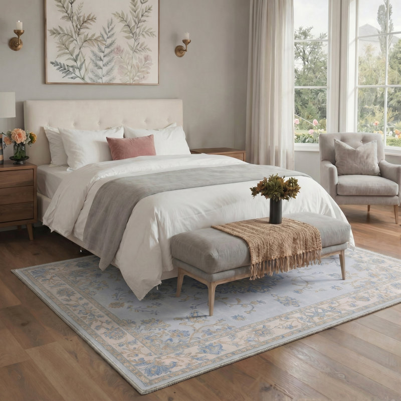 Abadou Floret Vintage Floral Medallion Machine Washable Beige / Blue Indoor Area Rug with Non-Slip Backing, Light Blue/Ivory