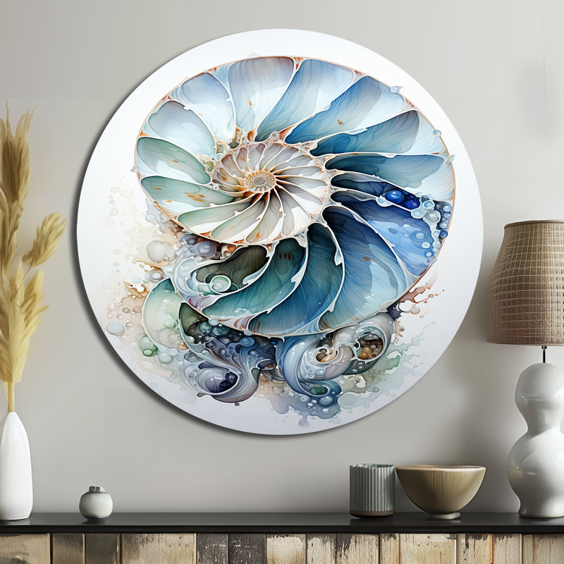 Nautilus, océan, feuilles bleues symétriques - animaux, art en métal rond, H 23 po x l 23 po