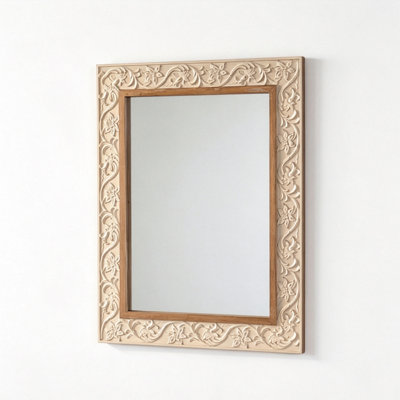 Vintage carved floral rectangular wall mirror, beige two‑tone mdf framed wall‑mount accent mirror for living room bedroom entryway decor