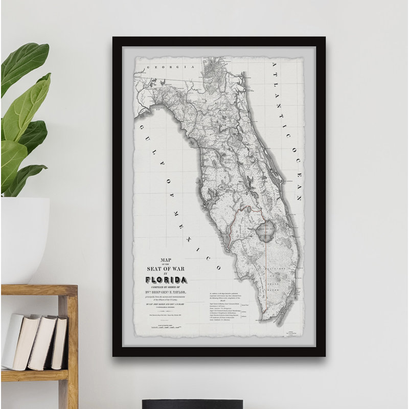 Carte du siège de la guerre en Floride - Reproduction d'art graphique sur papier encadré, H 36 po x l 24 po x 1,5 po