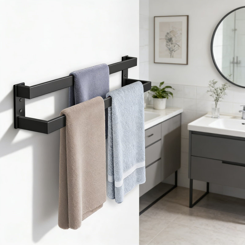 Porte-serviettes double pour salle de bain, porte-serviettes mural en acier inoxydable avec capacité de rangement accrue, accessoire de quincaillerie de salle de bain noir mat durable