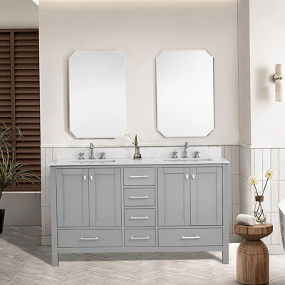 60'' Bathroom Vanity, Solid Wood Frame Bathroom Storage Cabinet, Freestanding Vanity Top with Double Basin Gray