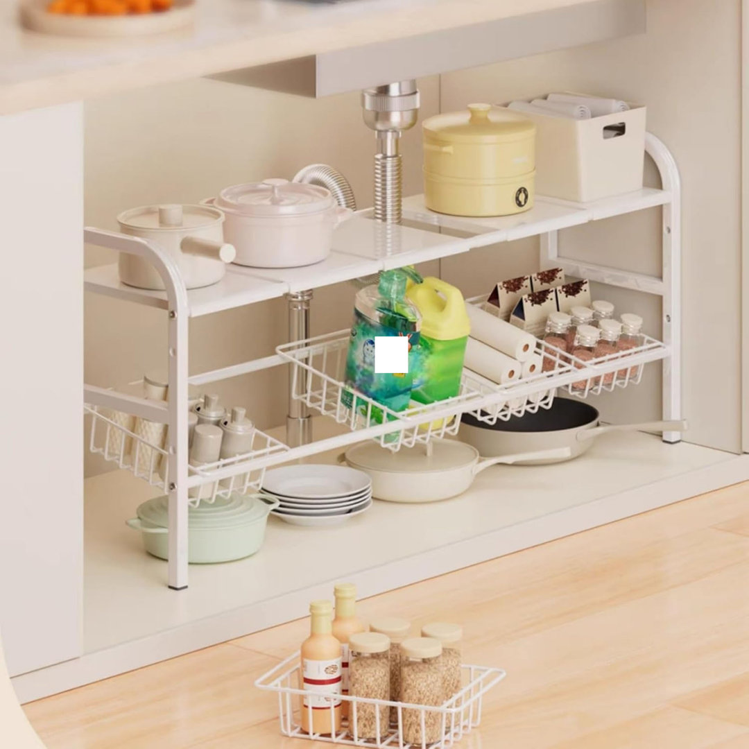 White Under Sink Storage Kitchen Organiser,2 Tier Extendable Under Sink Shelf