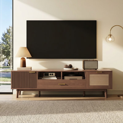 Fashionable Wood TV Stand for 75" TVs, Modern TV Consoles ,TV Cabinet with Soft-Closing Elegant Interwoven Rattan Door and Drop-Down Door, Modern TV Consoles ,for Living Room, Bedroom,Easy to Assembly