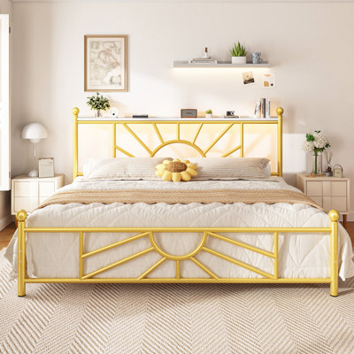 Vintage Metal Bed Frame with LED Lights, Storage Headboard & 10.2" Under Bed Storage, Noise-Free Sturdy Platform Bed