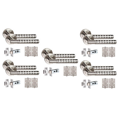 Golden Grace 5 Set Knurled Diamond Cut T-Bar Door Handle Set with Ball Bearing Hinges and Latch
