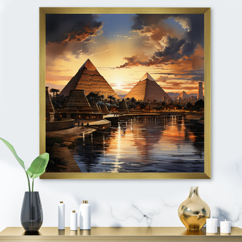 " Egypt Sunrise Over The Puramid II ", 36" H x 36" W x 1.5" D, Gold Single Picture Framed