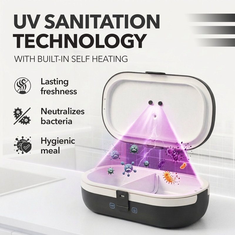 UVI Plus – SELF-HEATING LUNCH BOX WITH USB-C CORD AND UV LIGHT SANITIZER, Black