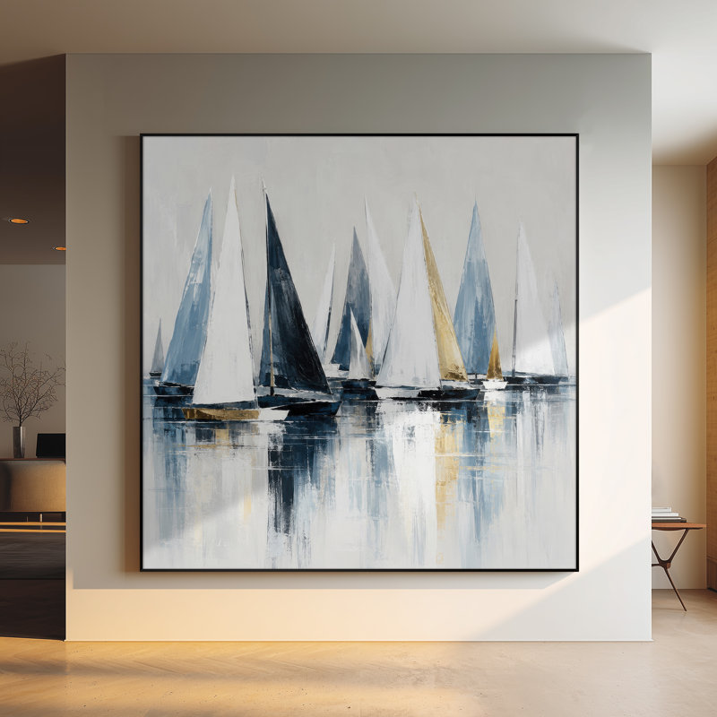 Impression sur tissu grand format - Motif de voiliers bleu marine, blanc et or, style côtier, pour salon ou chambre à coucher. « Assemblage du cadre requis (cadre non fini) »