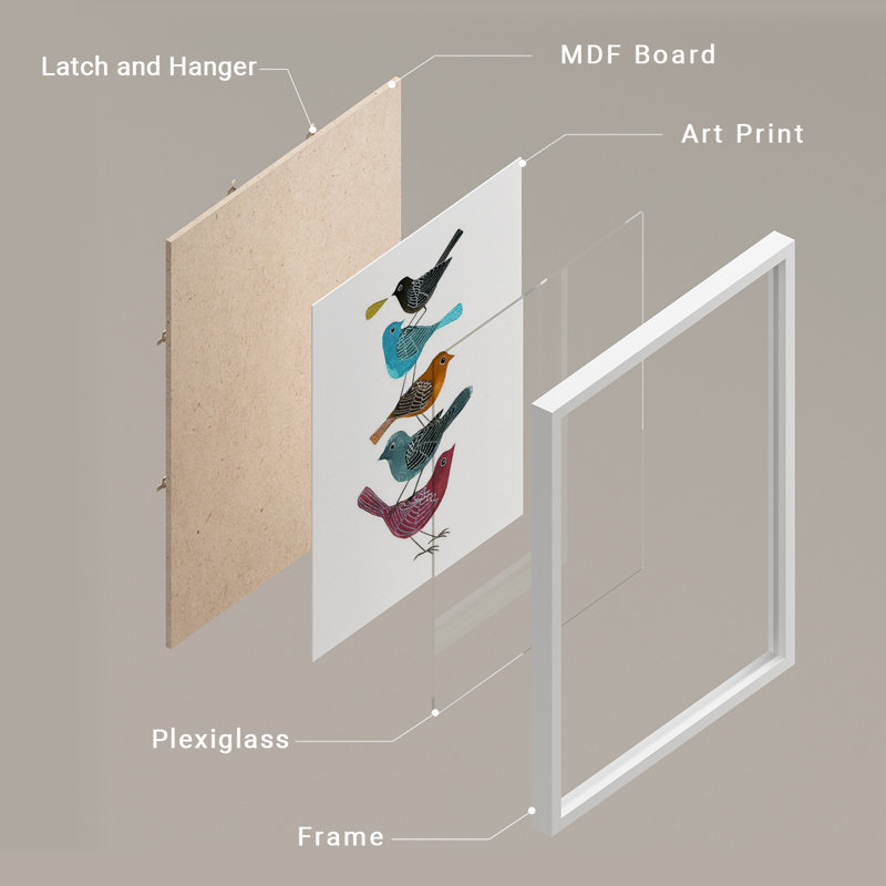 «Vibrant Birds and Fish Animals», œuvre d'art moderne, impression encadrée, affiches, salle de bain, Blanc / Blanc