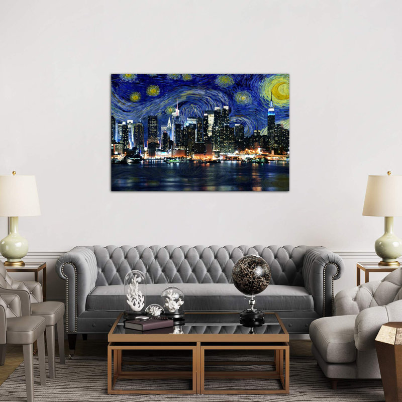 New York City, New York Starry Night Skyline 1 Piece Wrapped Canvas Painting, 66.04 cm H x 45.72 cm W x 3.175 cm D