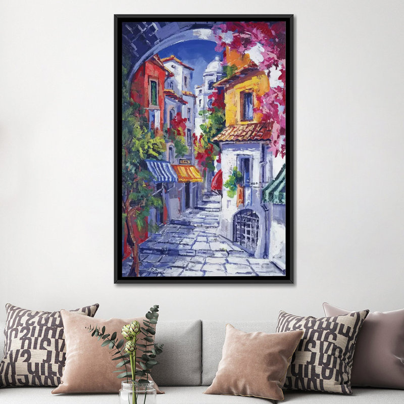 «Vicolo Caratteristico», reproduction sur toile, H 26 po x l 18 po x P 1,5 po, Toile avec cadre noir, Pas de tapis