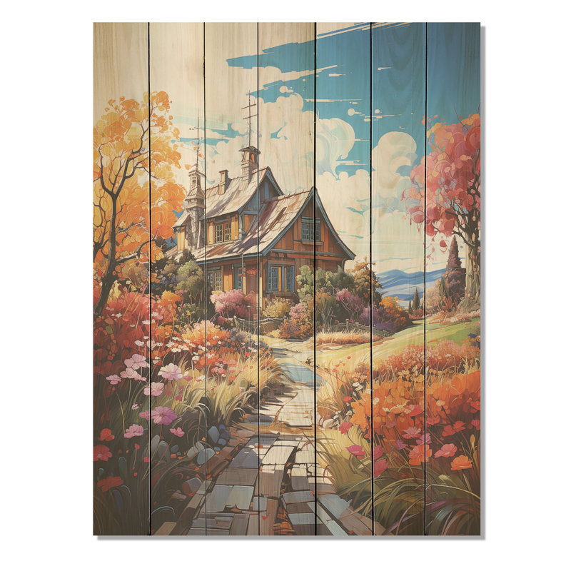 Fall Retreat Cottage Landscape III - Paysage sur bois, H 40 po x l 30 po