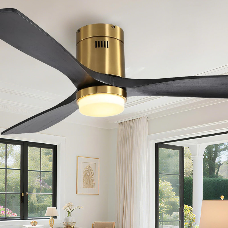 52 Inch Flush Mount Ceiling Fan with Lights and Remote, Gold, Black