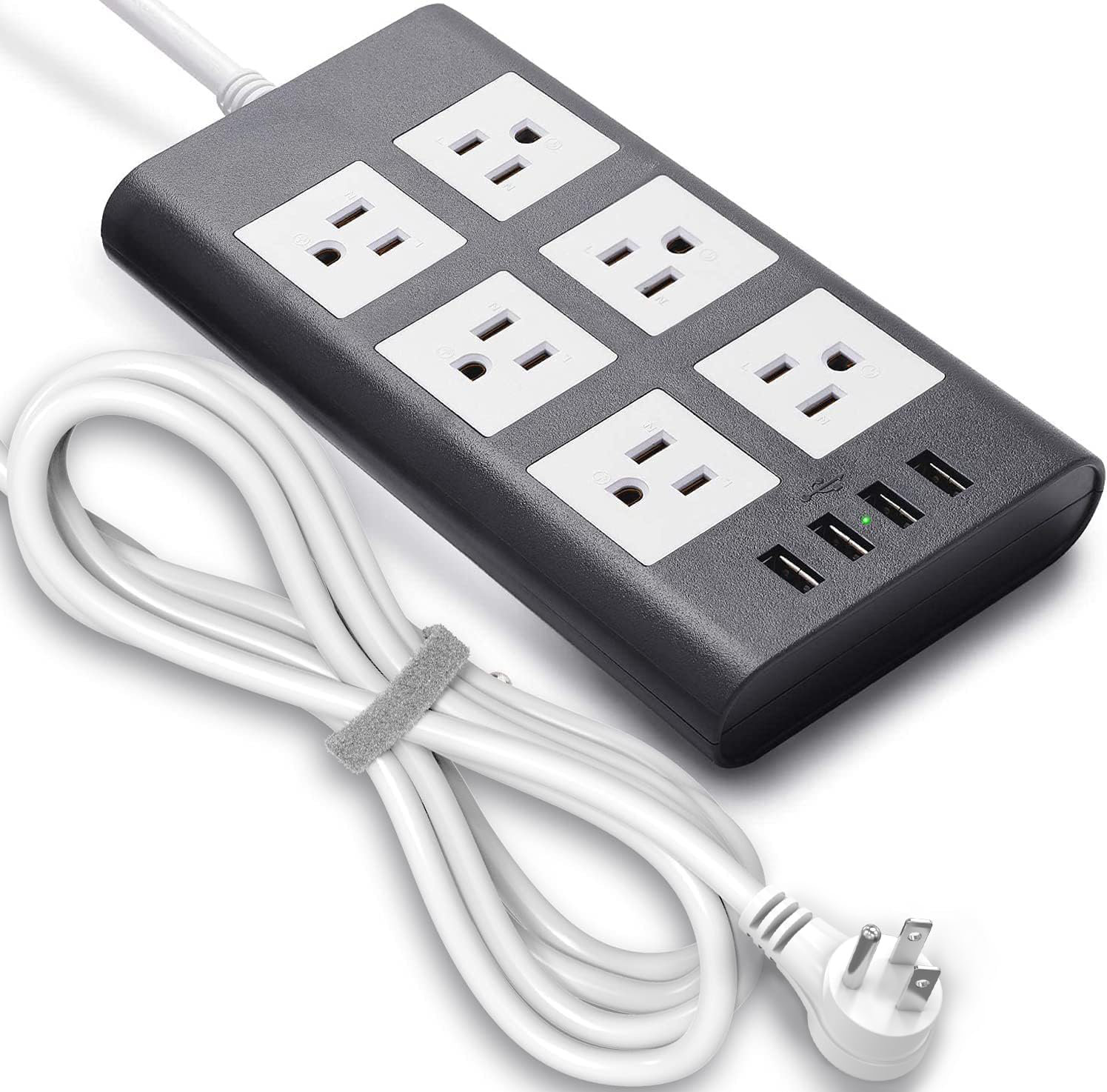 10FT Ultra-Thin Extension Cord,6 Wide-Spaced Outlets 3 USB Ports