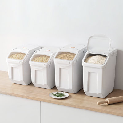 Lot de 4 boîtes de conservation pour riz : 2 x 11 kg (3,96 gal) + 2 x 14,5 kg (5,28 gal), pour la cuisine et le garde-manger ; distributeur de croquettes pour chien (2 x 38 cm + 2 x 51 cm) ; boîte de rangement pour céréales, farine et autres ingrédients ; doseur couvercle hermétique.