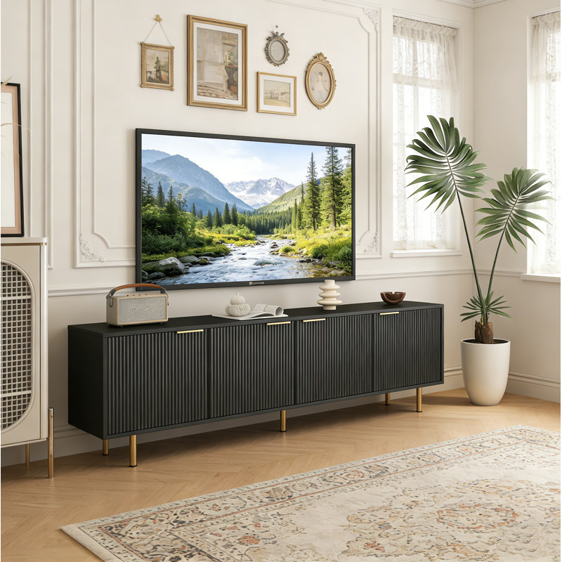 Modern Fluted TV Stand For 65",Entertainment Center With Storage Cabinet, Black