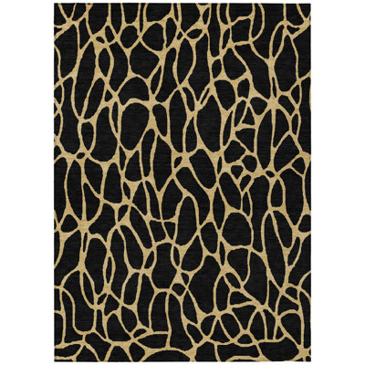 Tapis intérieur / extérieur géométrique lavable noir et doré 8 pi x 10 pi