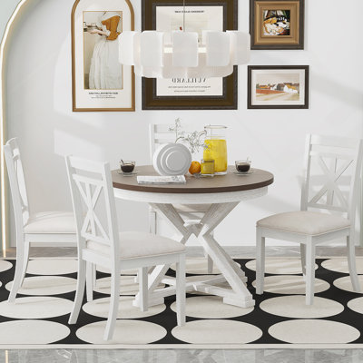 5-Piece Dining Table Set, Extendable Round Table And 4 Upholstered Chairs For Dining Room And Living Room