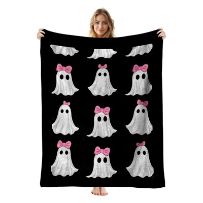 JYK Halloween Flannel Fleece Twin Blanket, Lightweight, Breathable, Soft Cozy Warm Plush Microfiber, 60"x80",  Ghost Pink Bows