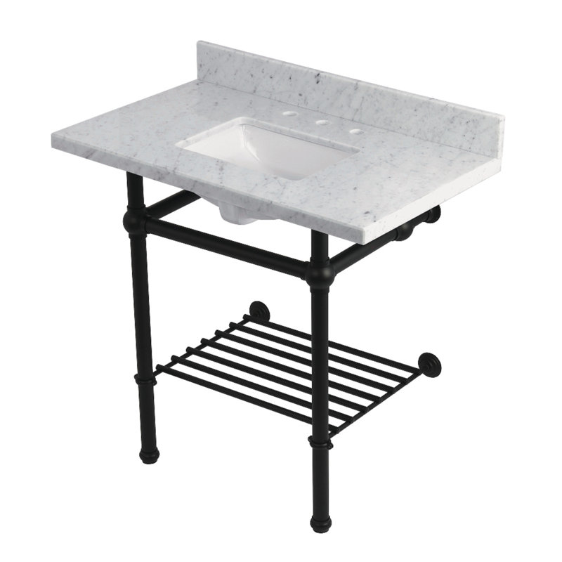 Kingston Brass Templeton 36-Inch Carrara Marble Console Sink with Brass Legs and Shelf (8-Inch, 3-Hole)